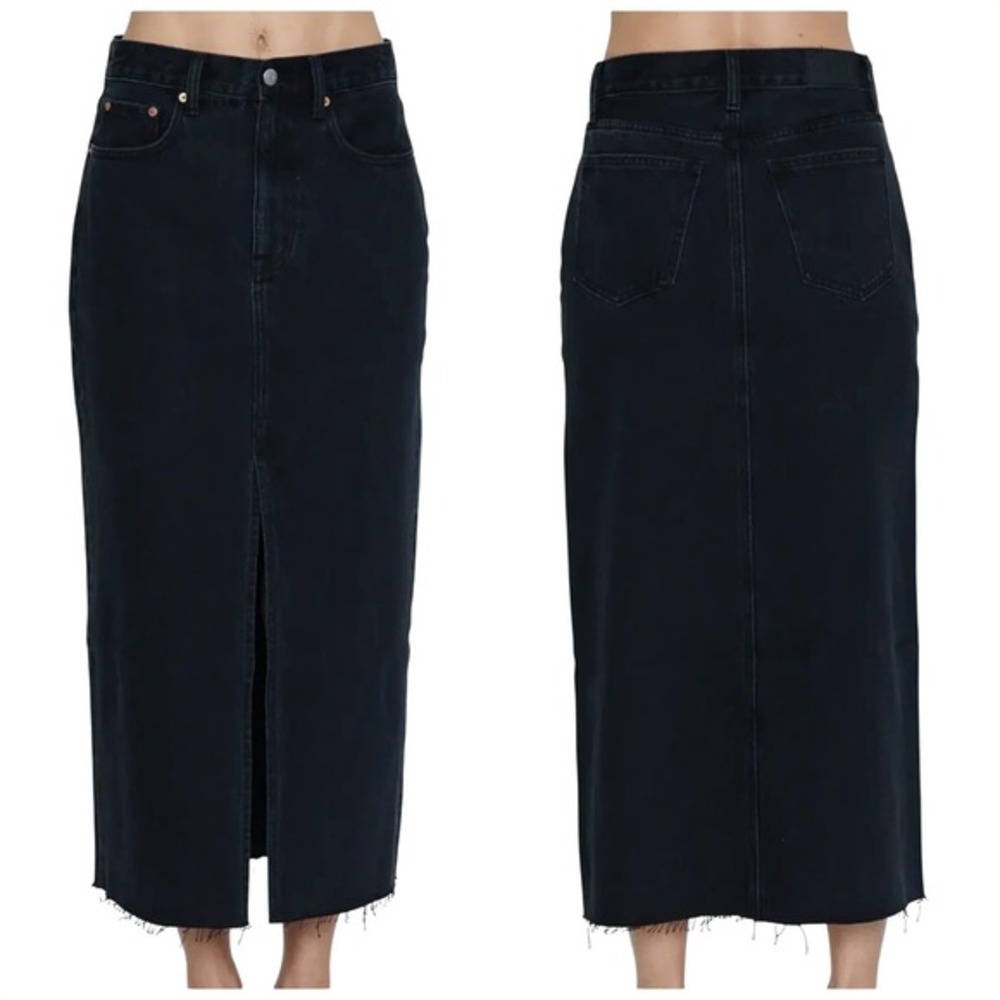 Pistola Alice Black Denim Midi Skirt 27" Front Slit Raw Hem Goth Emo Underground